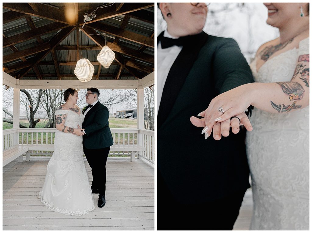 newlyweds stand together in gazebo by Ellie Chavez Photography