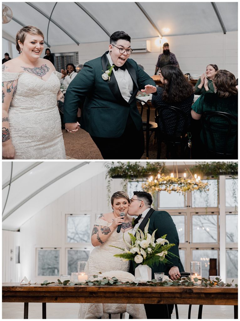 couple walks into reception at modern greenhouse ceremony