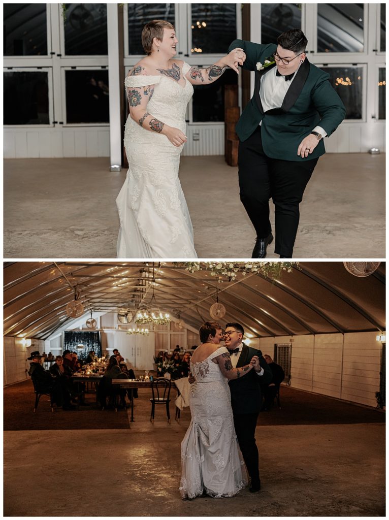 newlyweds dance together by Austin wedding photographer