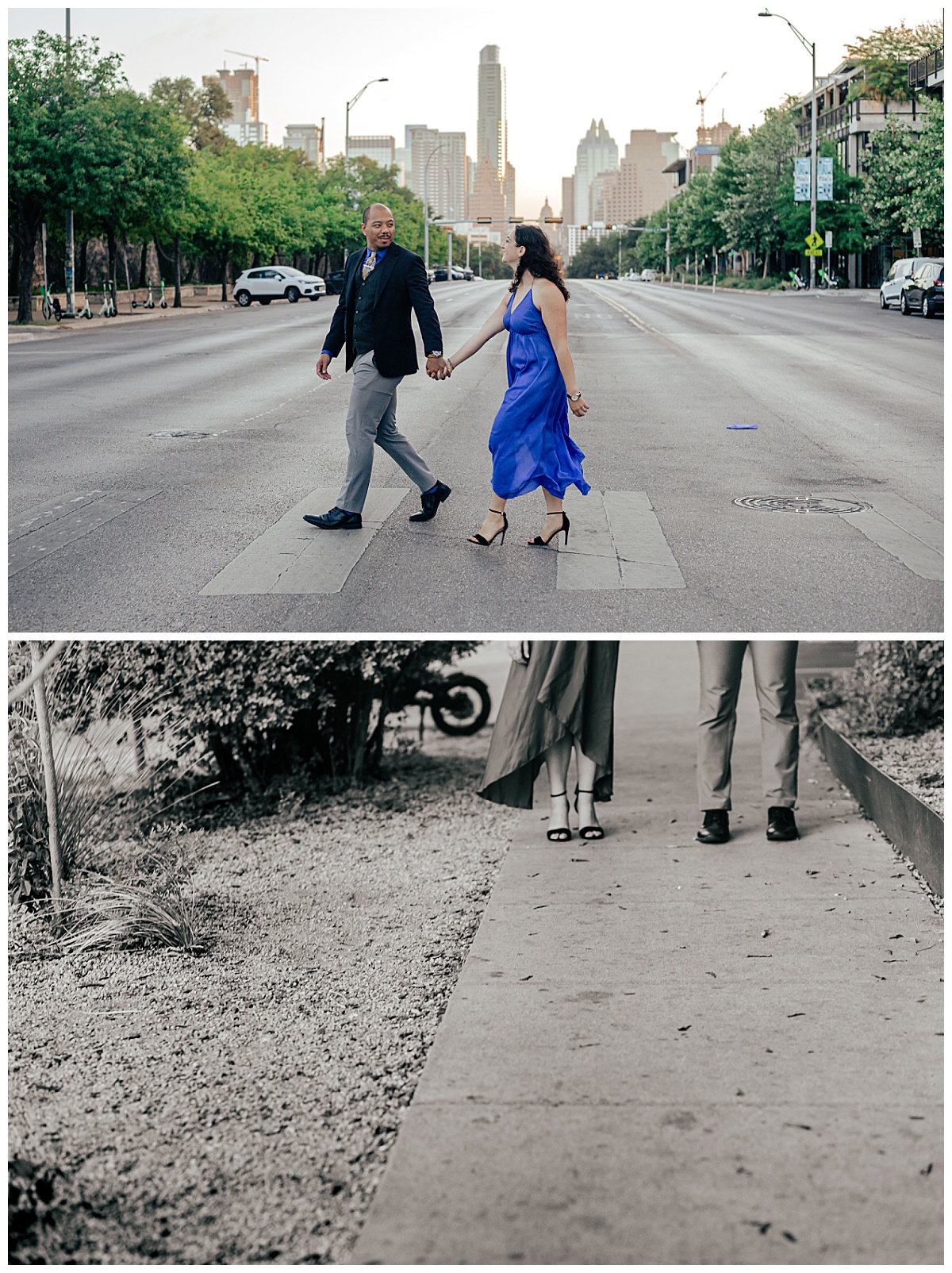 husband and wife hold hands walking across street by Austin wedding photographer