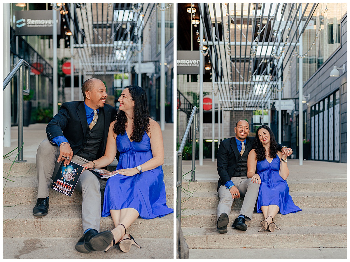 man and woman sit together on steps and hold hands by Ellie Chavez Photography