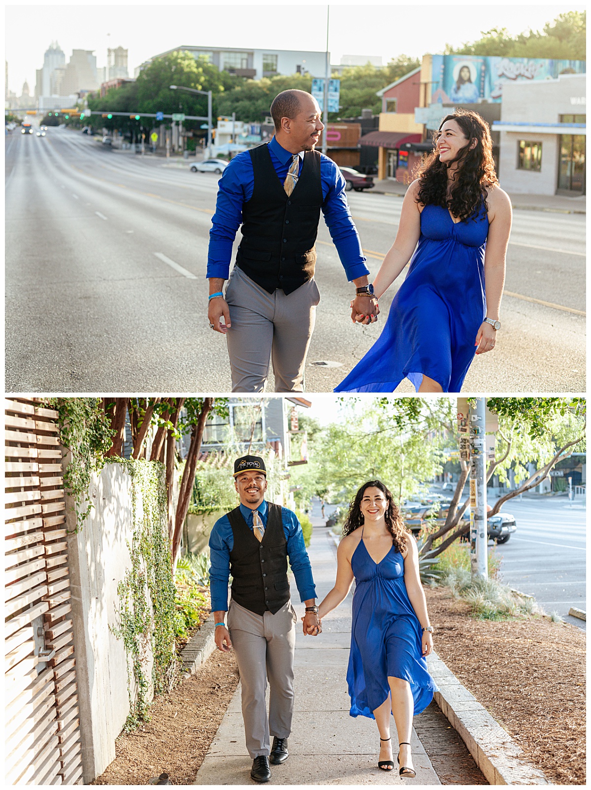 husband and wife walk down street together by Austin wedding photographer