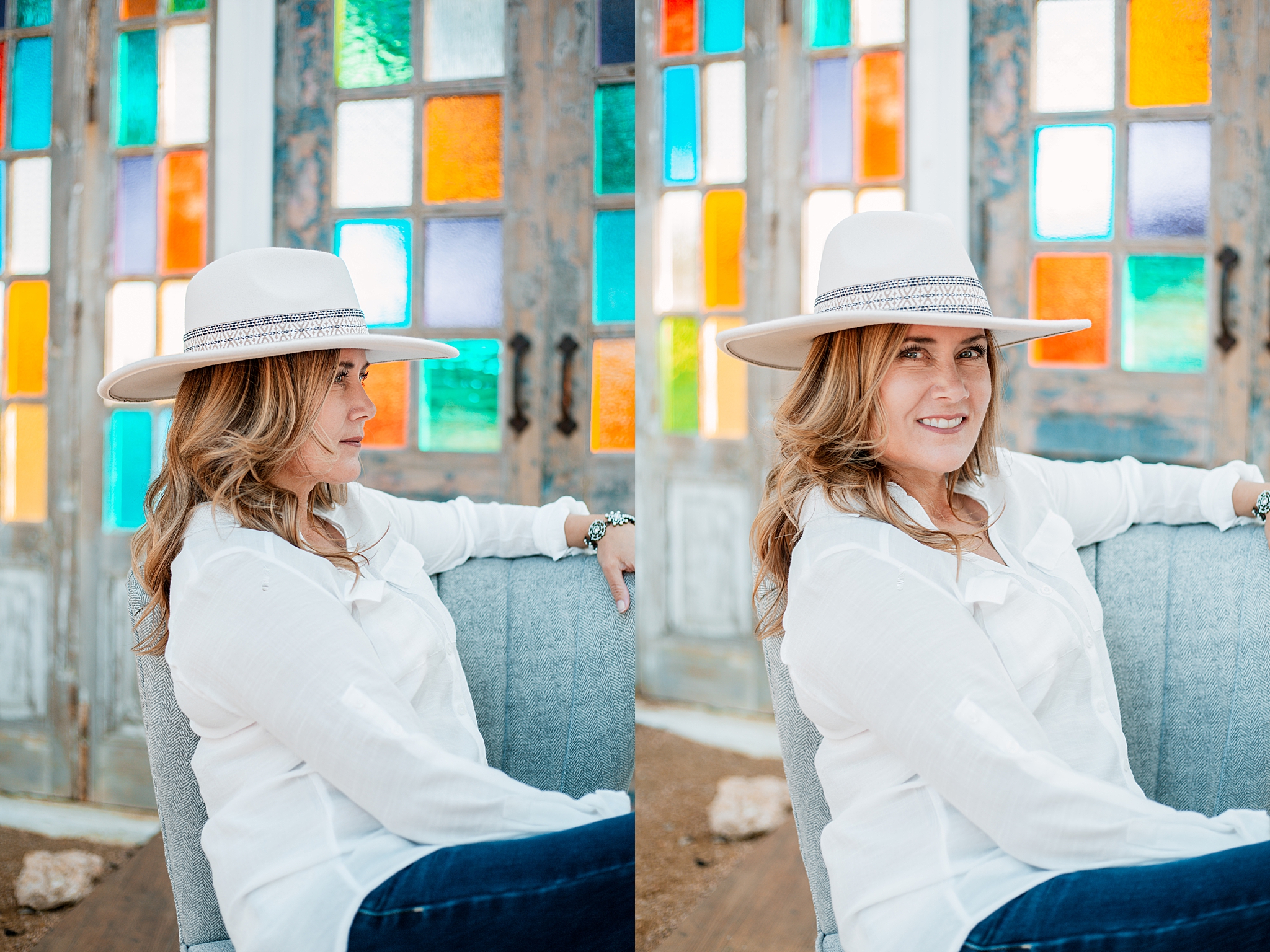 business owner leans back while wearing hat by Austin photographer