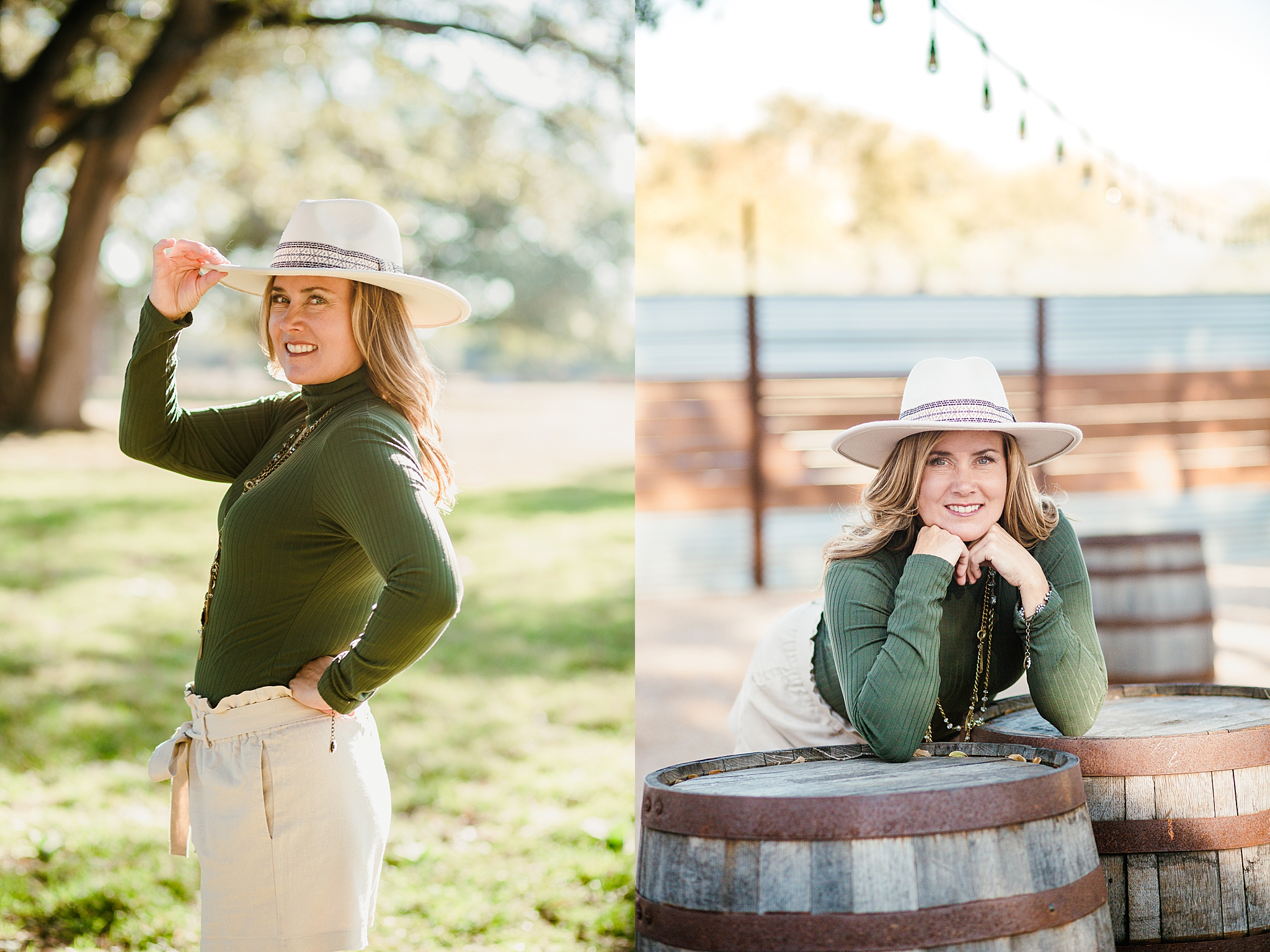 lady tips hat and leans on barrels by Ellie Chavez Photography