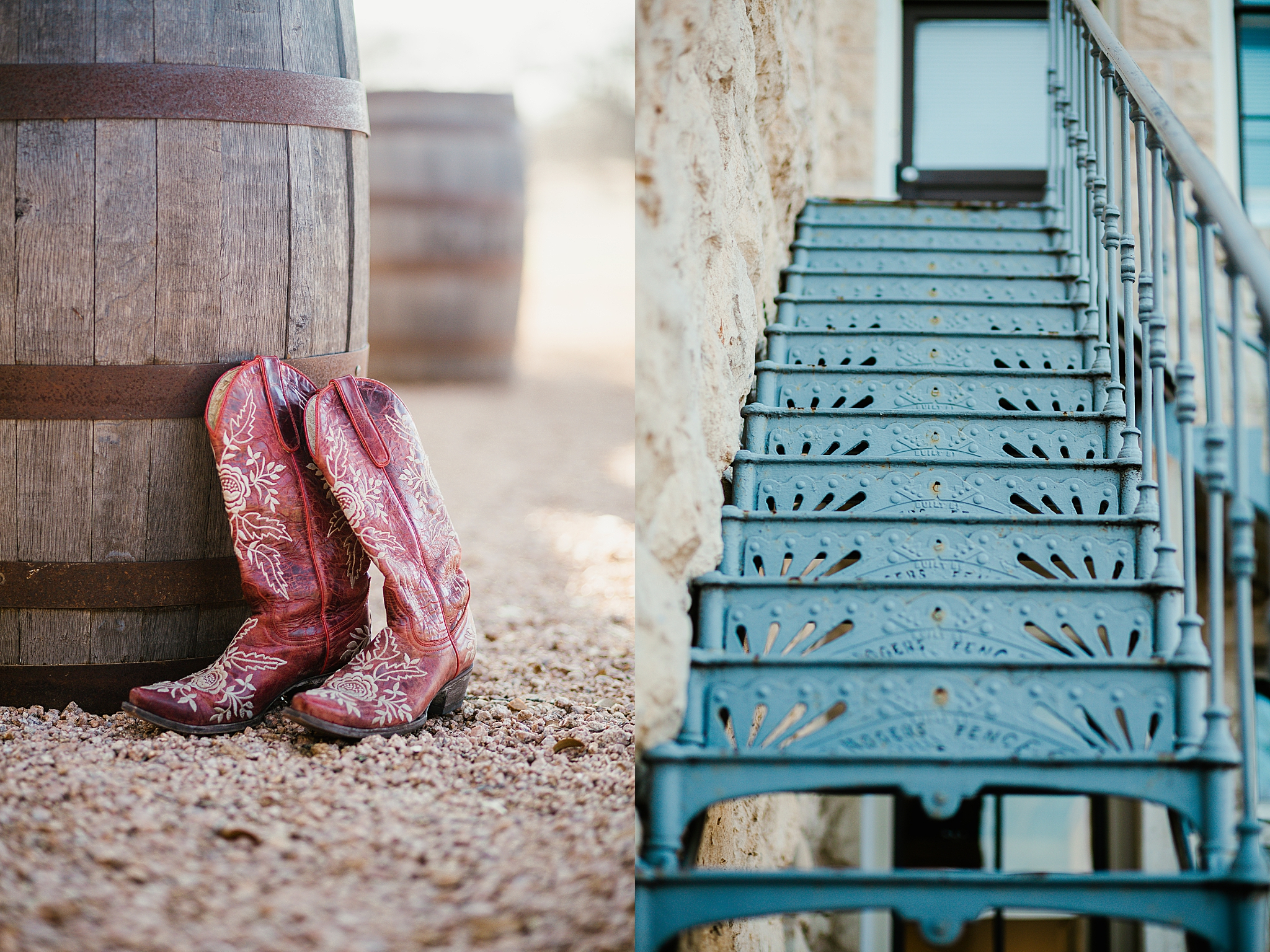 blue stairs and cowboy boots leaning on a barrel at brand photo shoot 