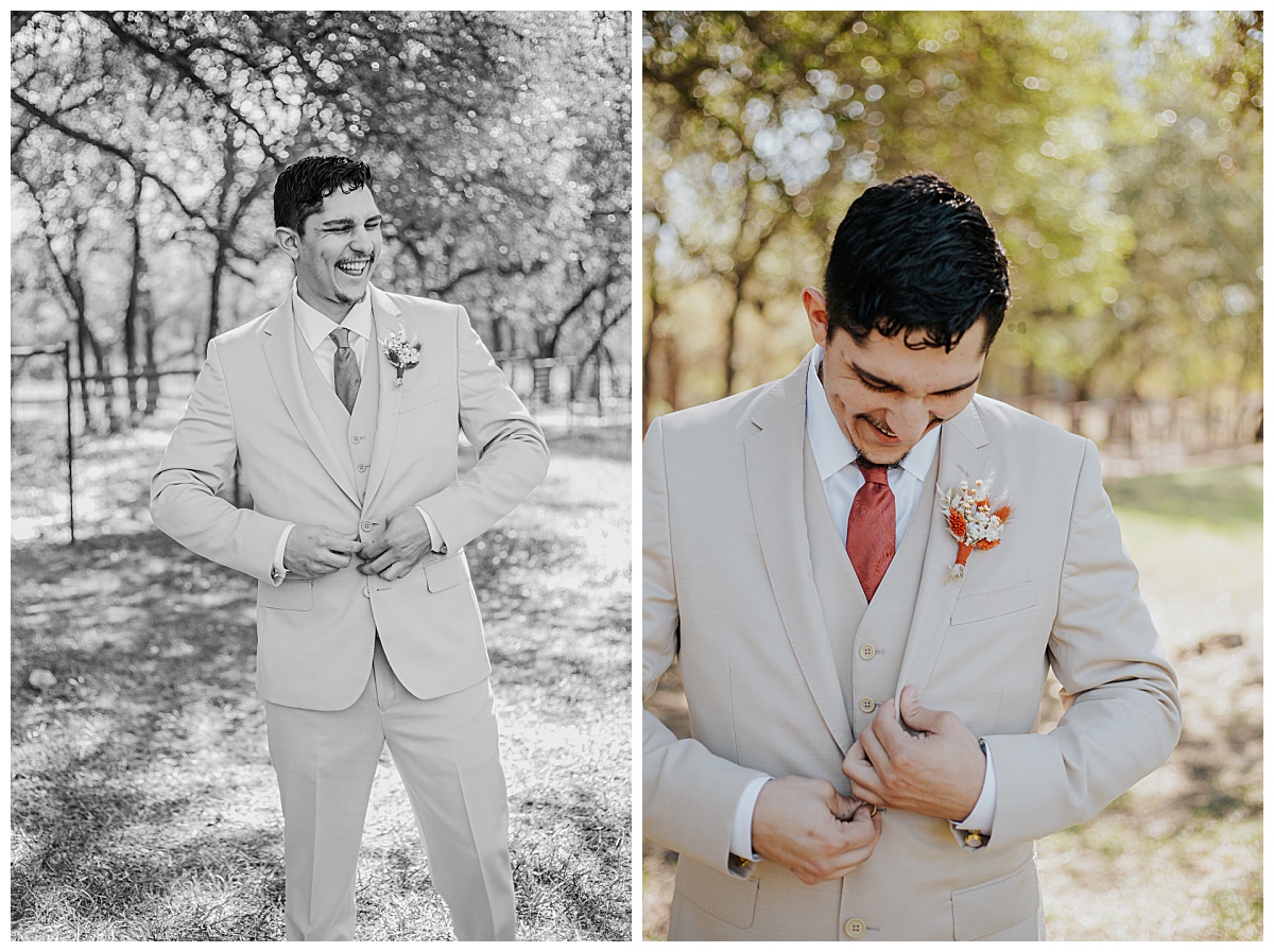 Groom laughs while buttoning coat at Texas ranch ceremony
