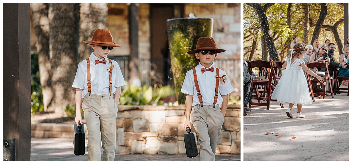Ring bearers and flower girl walk down aisle at Texas ranch ceremony