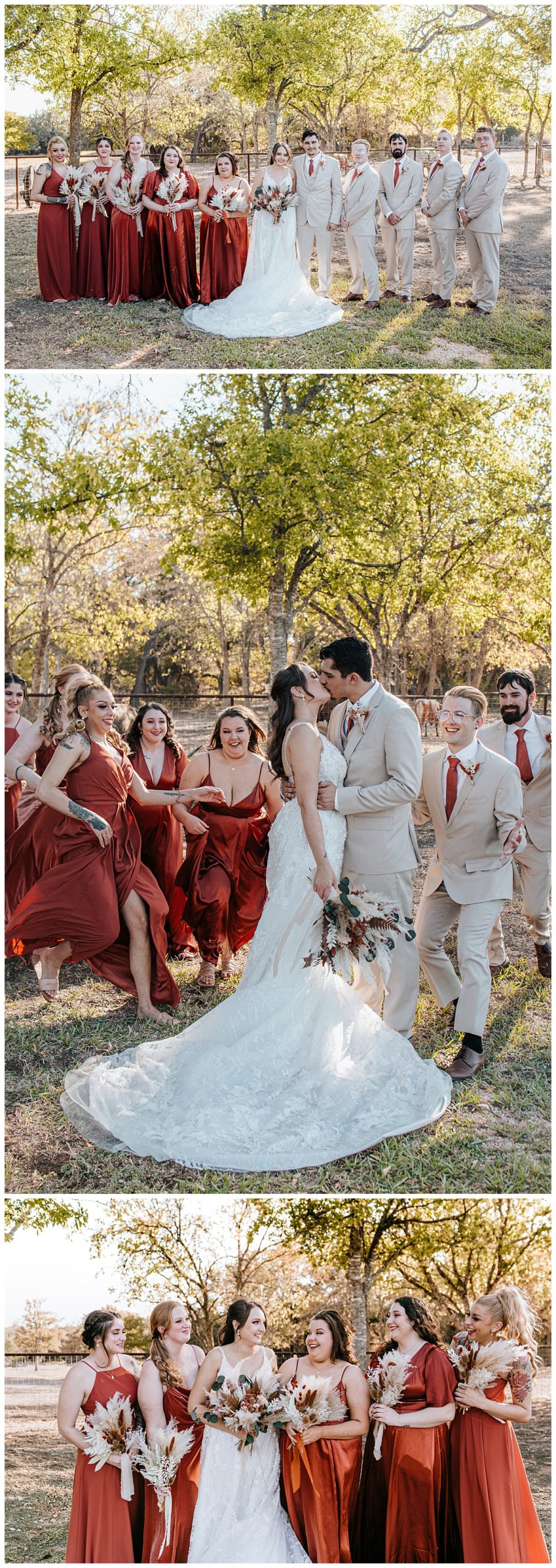 Bridal party celebrates couple kissing by Austin wedding photographer