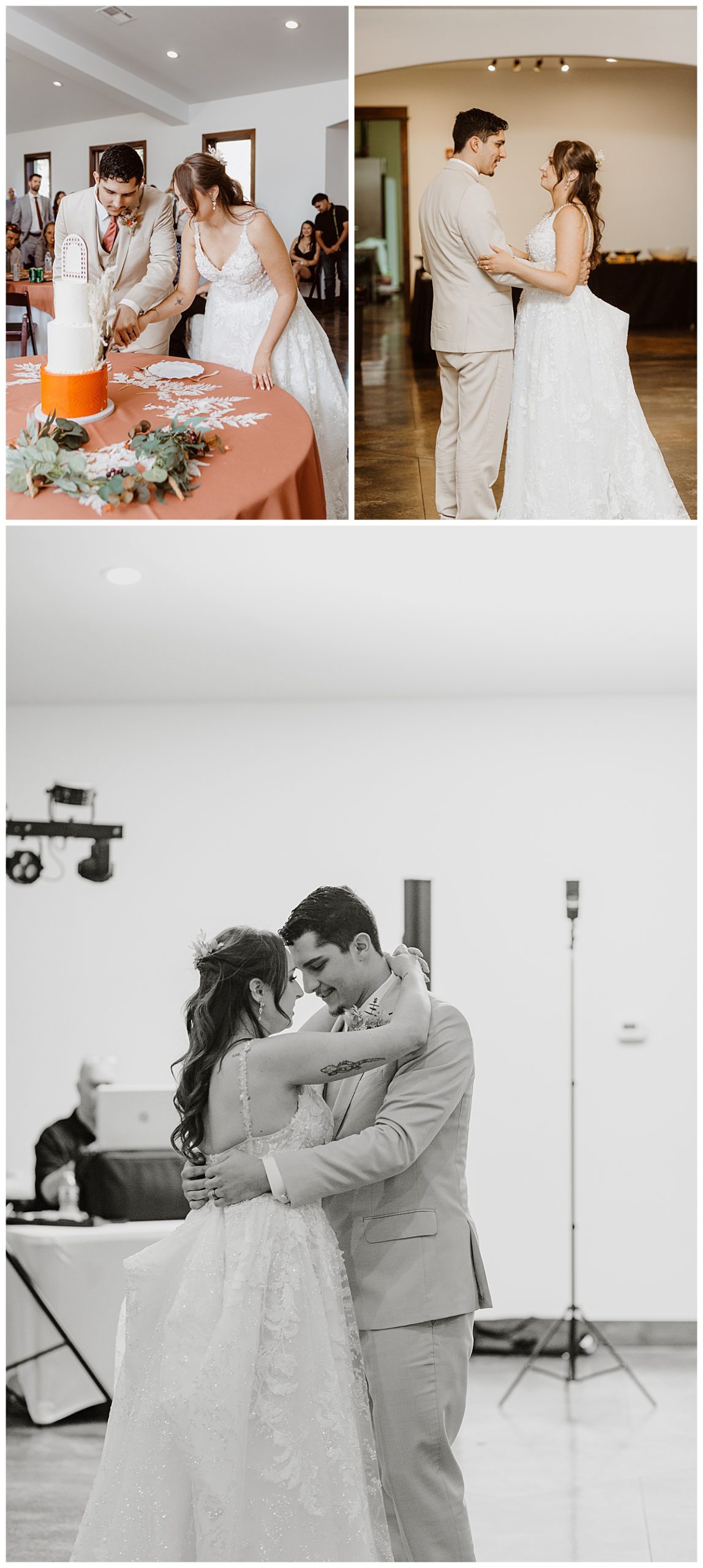 Newlyweds dance together and cut cake by Ellie Chavez Photography 