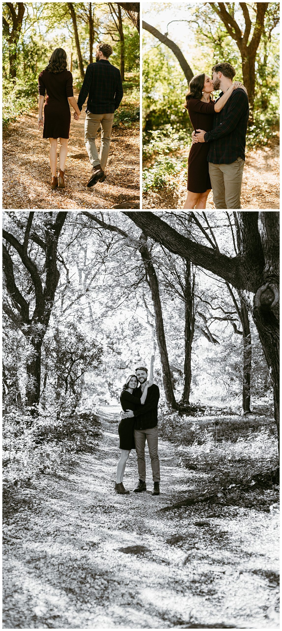 Fiances walk and embrace on nature path at garden engagement session