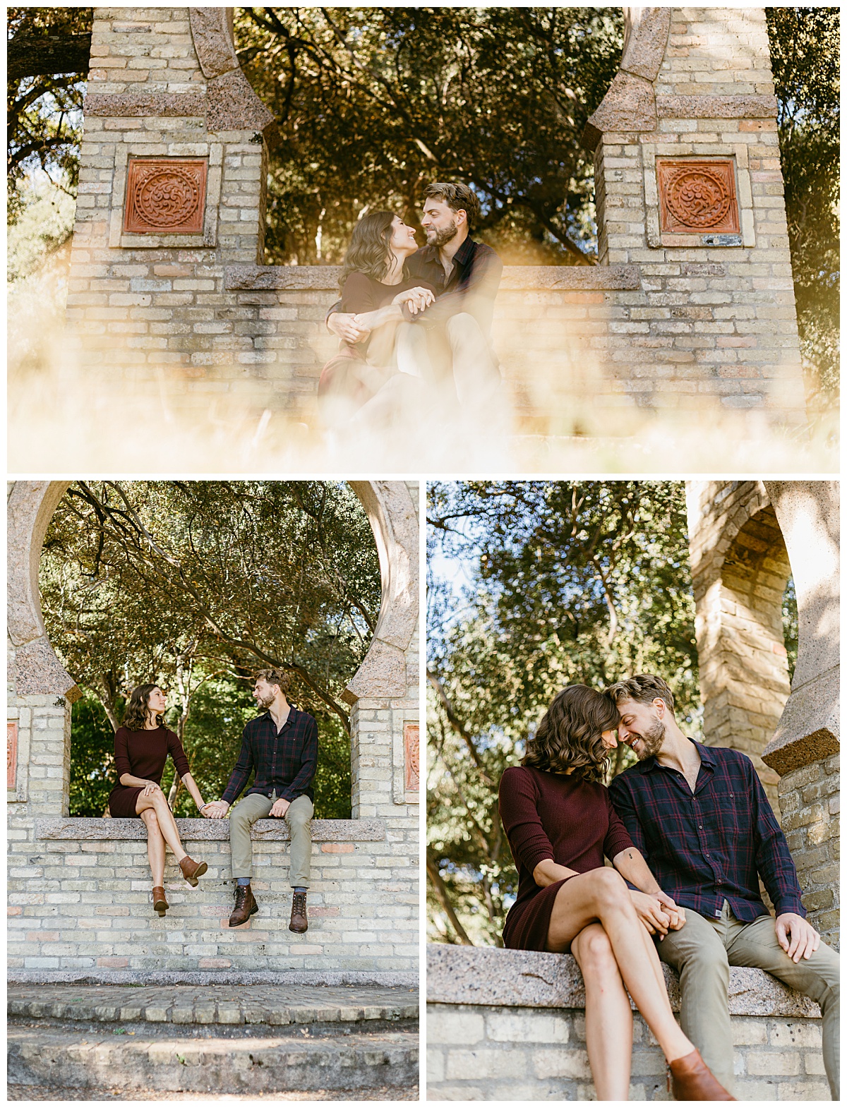 Couple sits together on brick structure by Austin wedding photographer