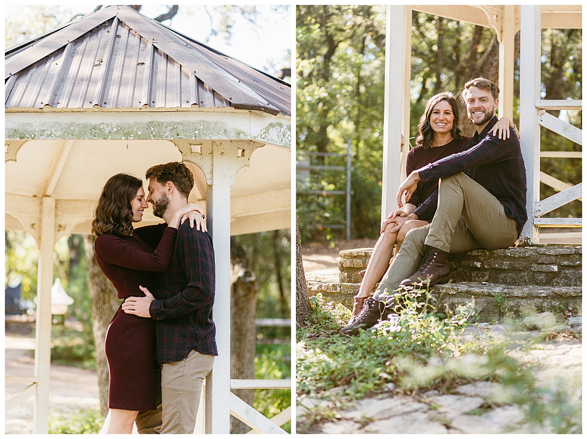 Couple embraces in gazebo by Ellie Chavez Photography