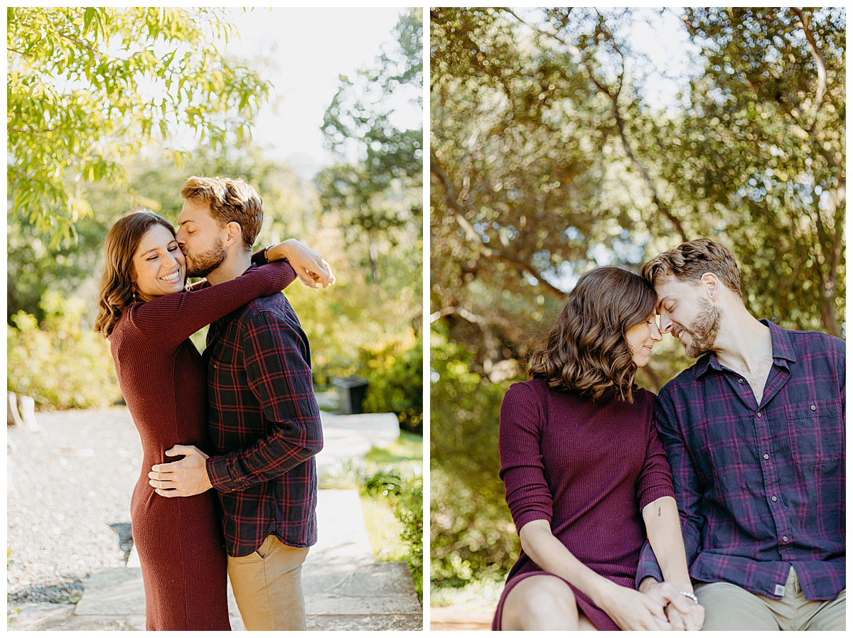 Fiances lean together and embrace at garden engagement session