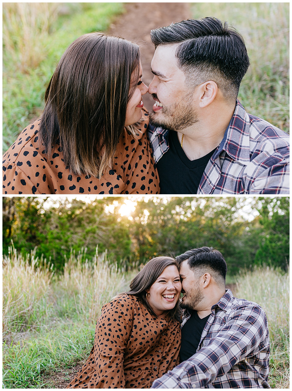 couple sit together in grass at St. Edwards Park engagement session