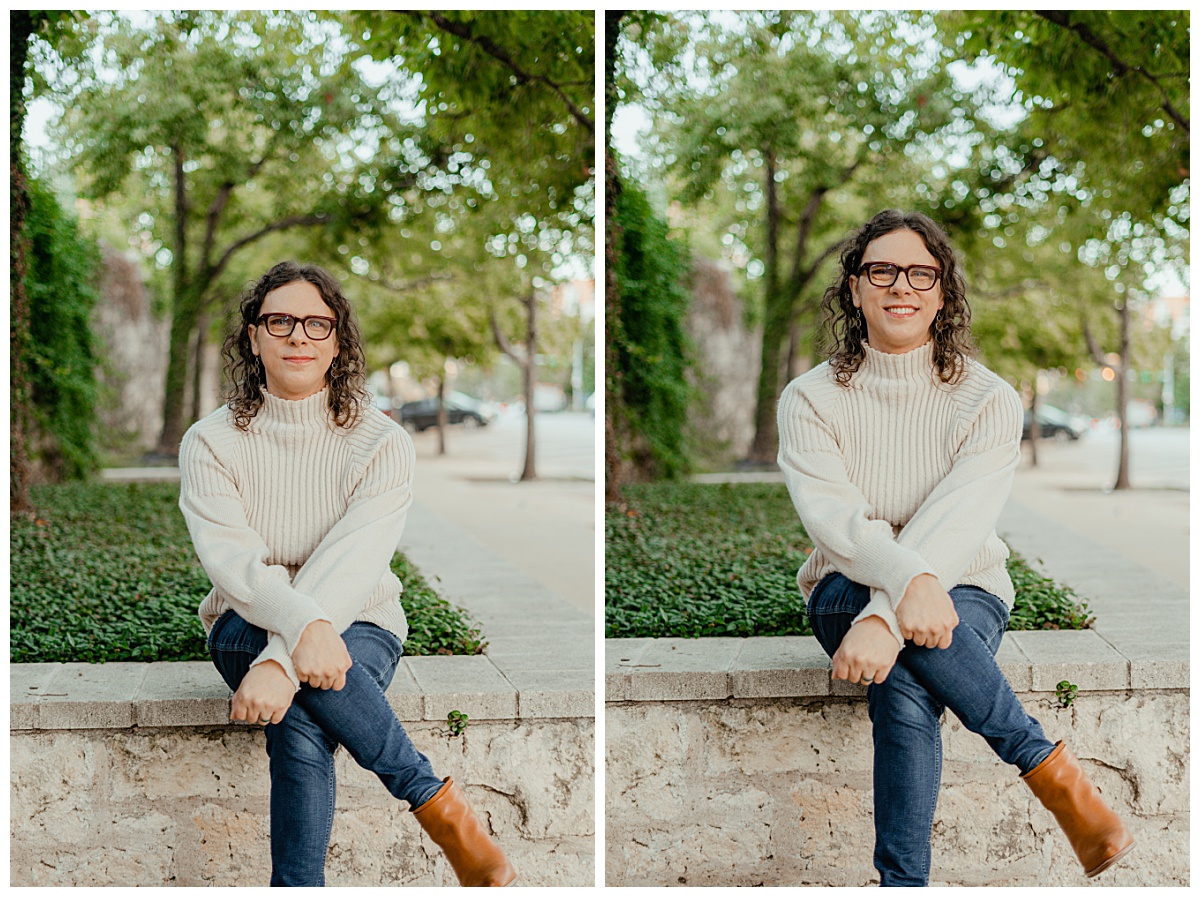 Woman sits on wall crossing legs for South Congress portrait session