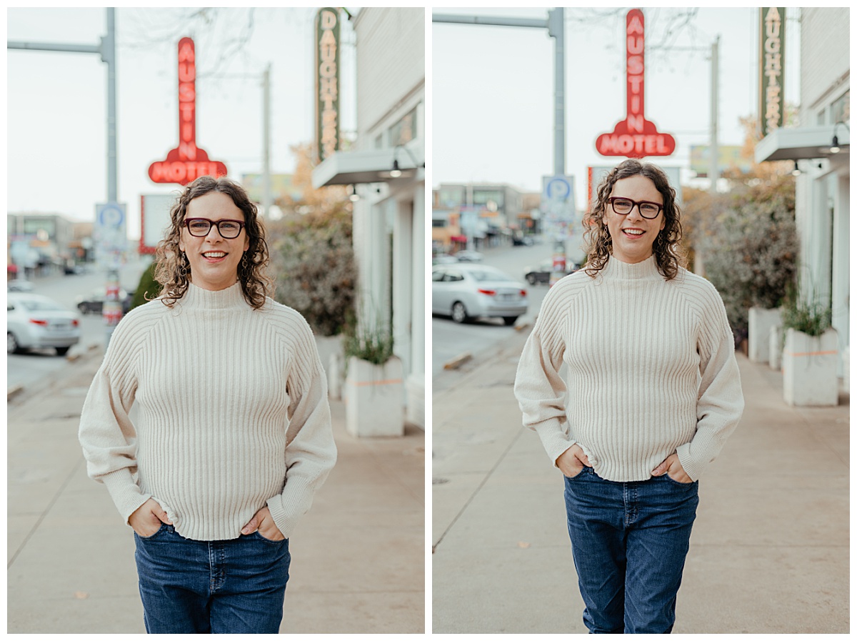 Woman walks down street with hands in pockets for South Congress portrait session