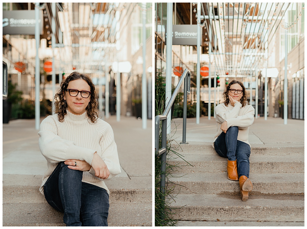 Woman rests hands on knee while sitting on stairs for South Congress portrait session