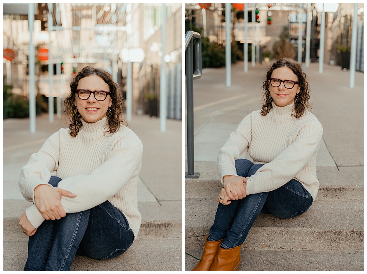 Woman sits on stairs in city for South Congress portrait session