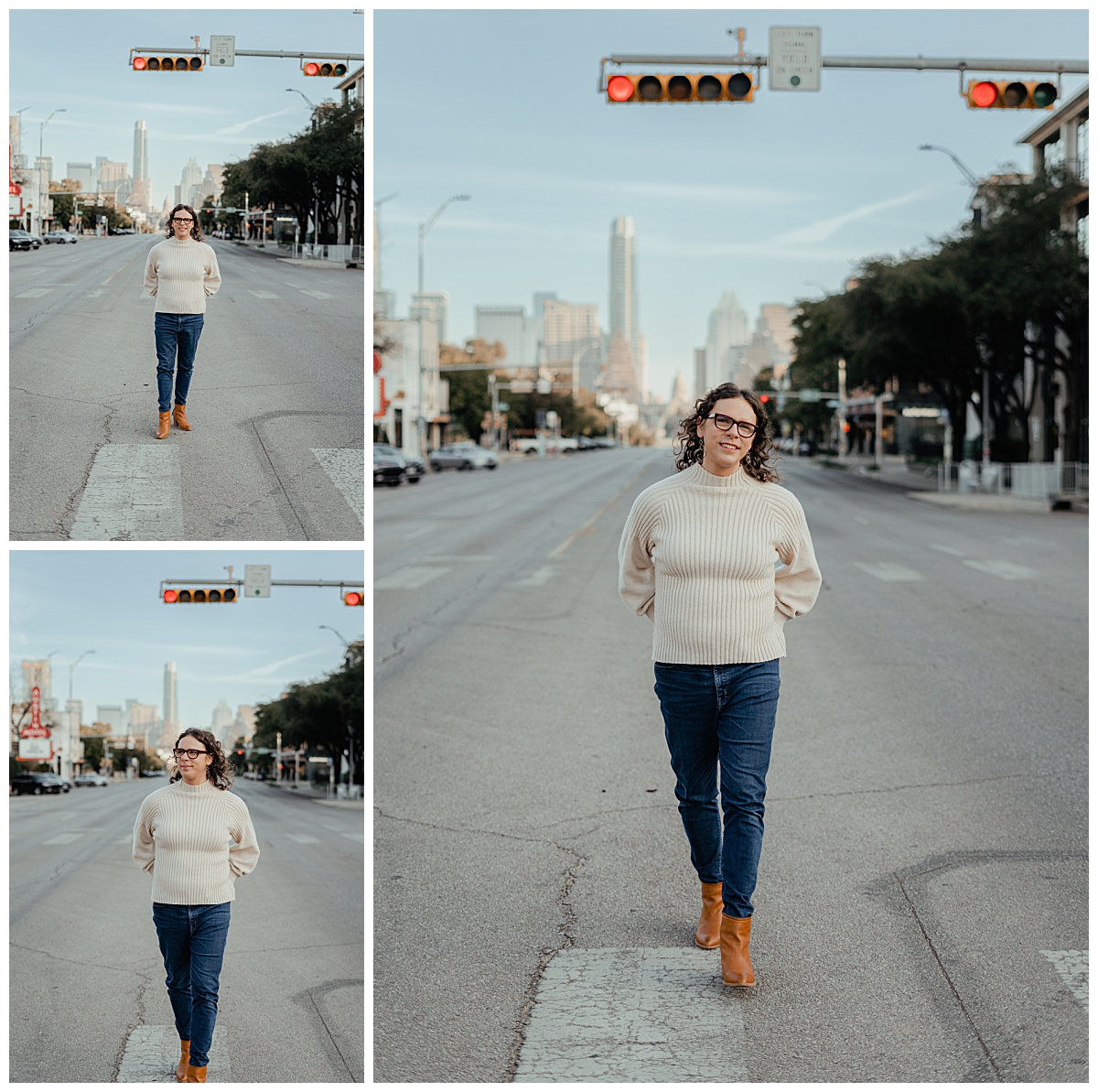 Person walks down city street by Austin photographer