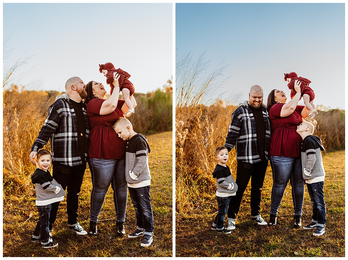 mother holds daughter in air as dad and brothers look on by Austin portrait photographer