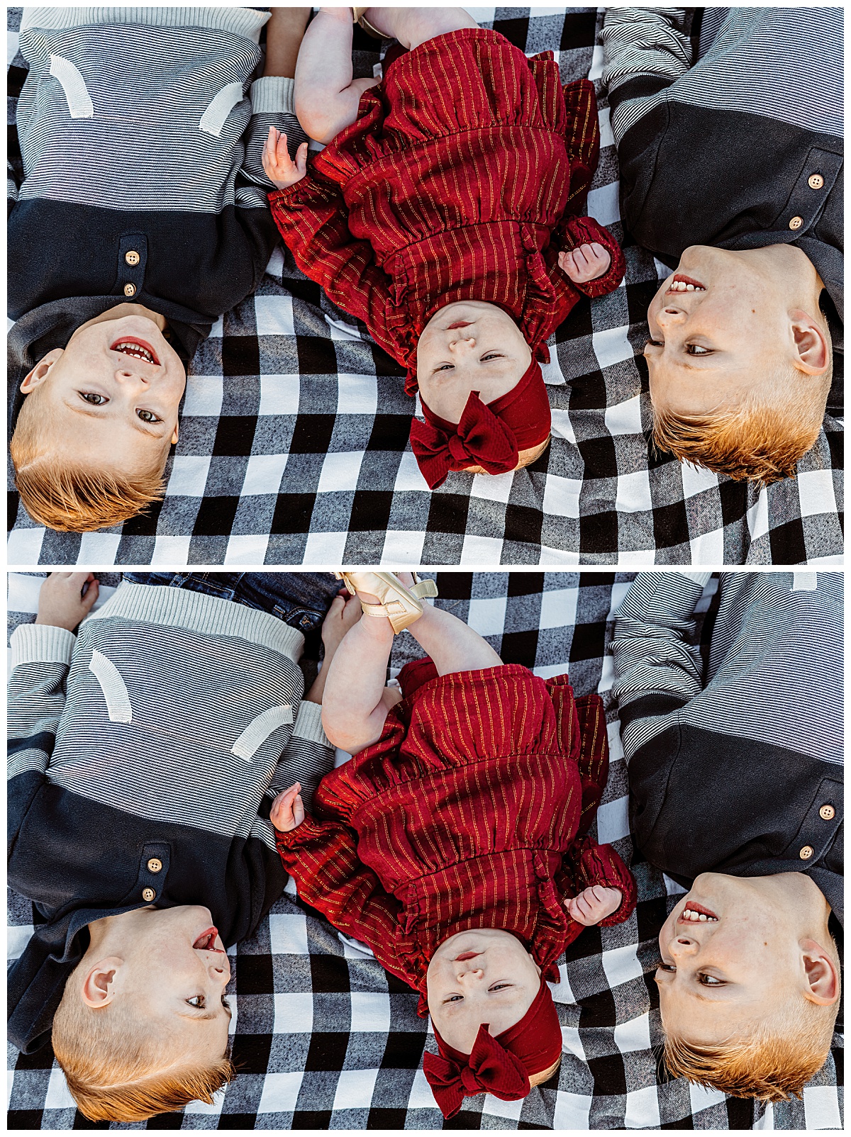 siblings lay on checked blanket and smile together at Lakewood Park family session
