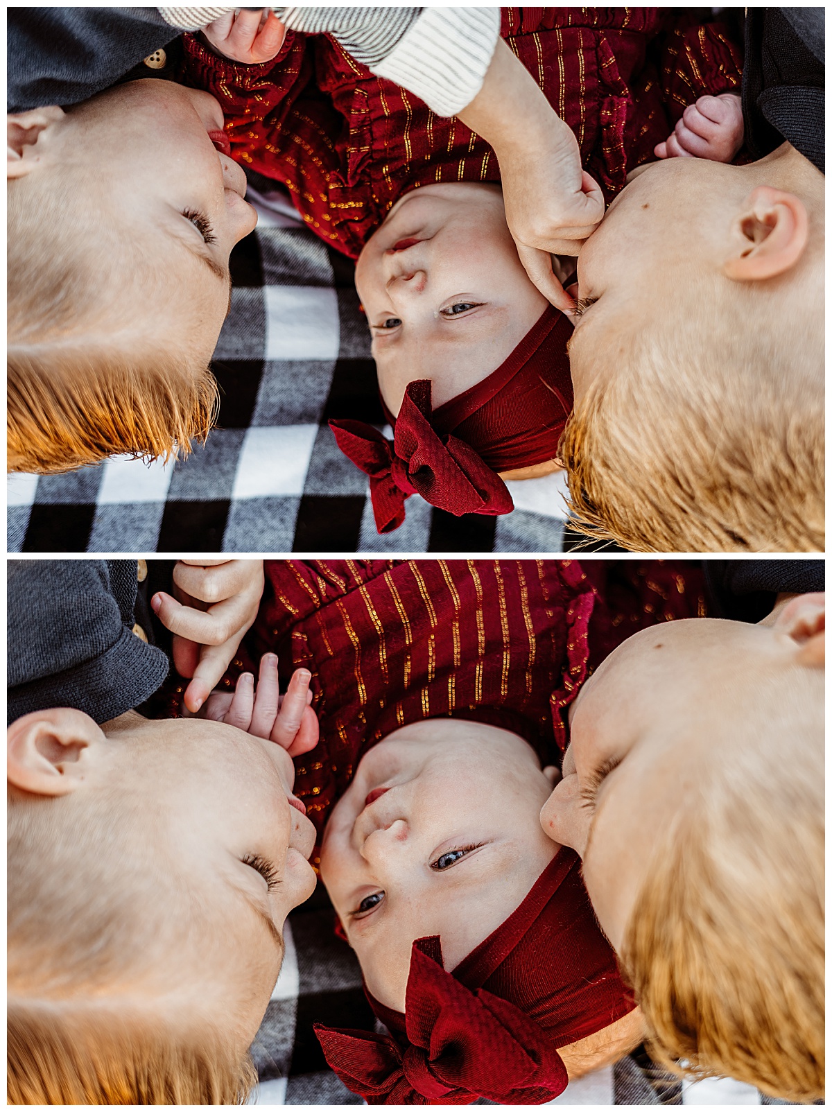 brothers lean close to baby sister laying on a blanket by Austin portrait photographer