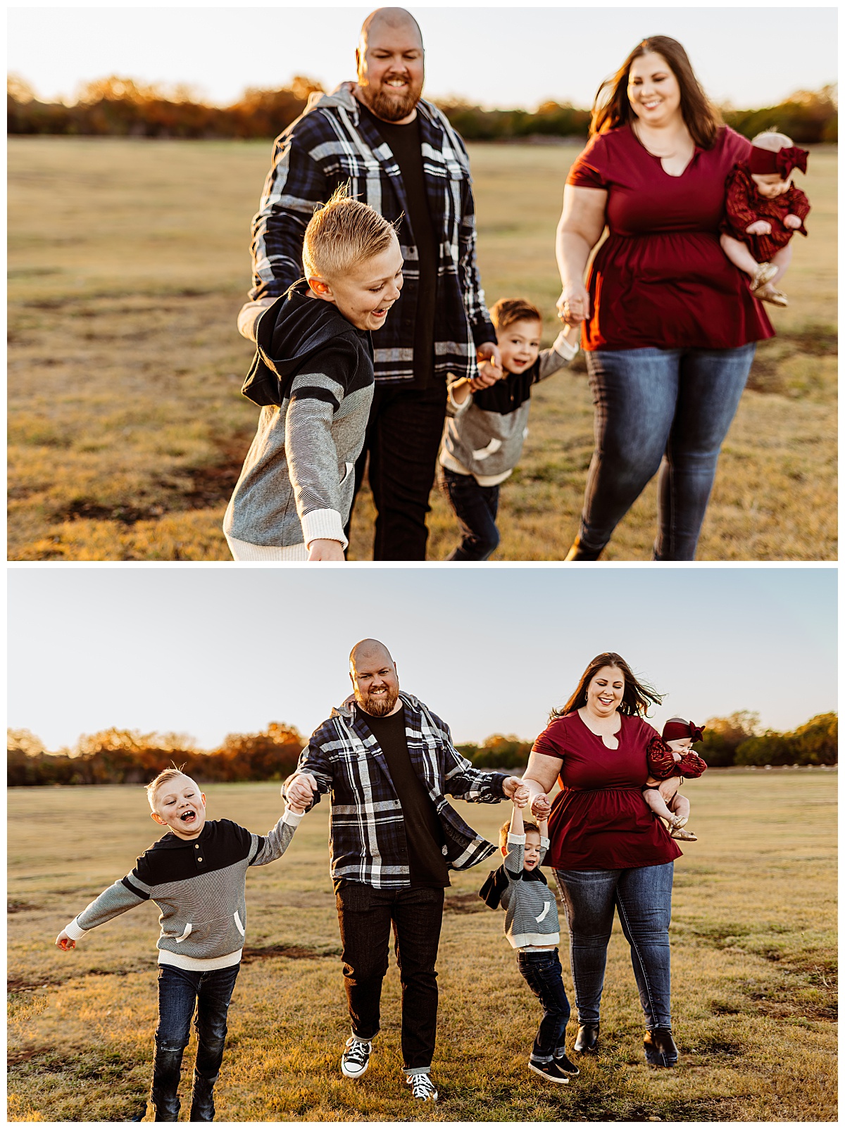 parents and kids laugh walking through field together holding hands by Ellie Chavez Photography