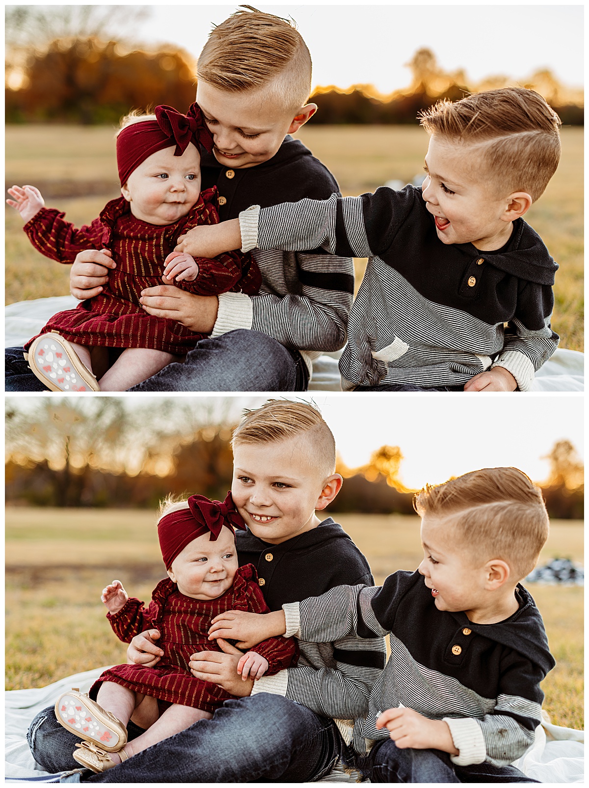 brothers hold sister in their lap and laugh together at Lakewood Park family session