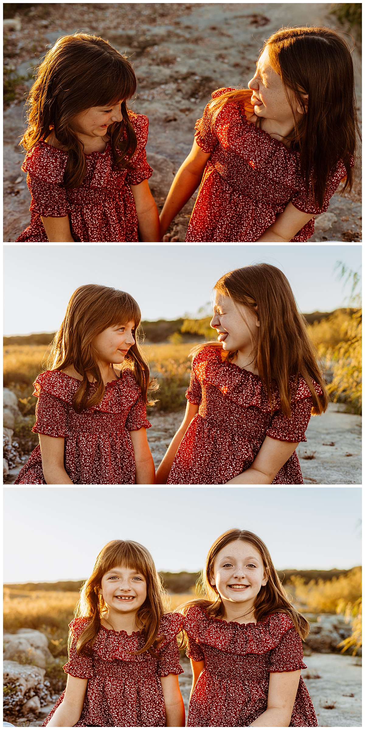 sisters make silly faces at each other during golden hour at Lago Vista family session