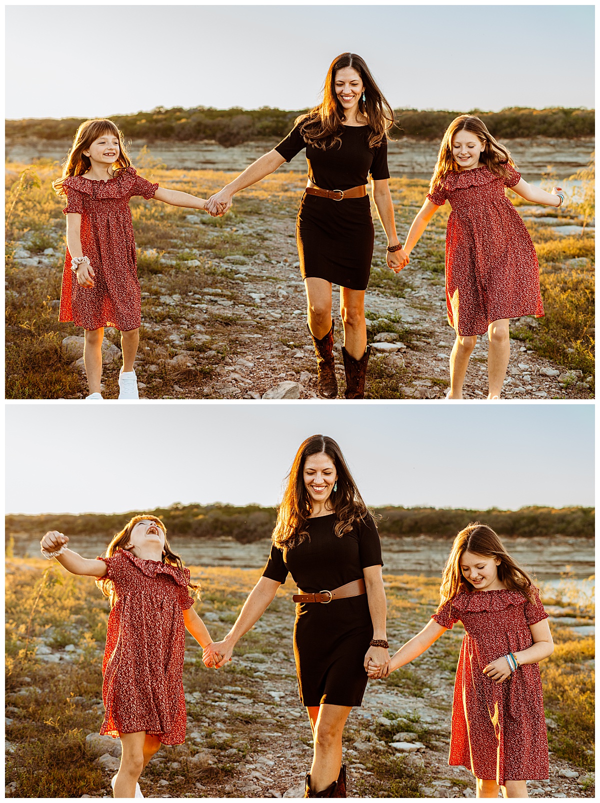 mother holds hands with daughters as they walk on rocky path together during Lago Vista family session