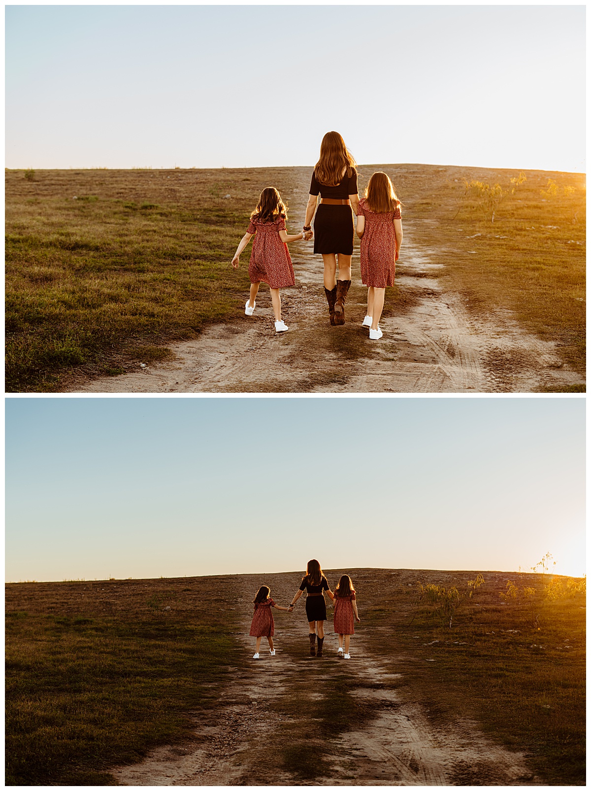 mom and daughters hold hands and walk toward sun together at Lago Vista family session