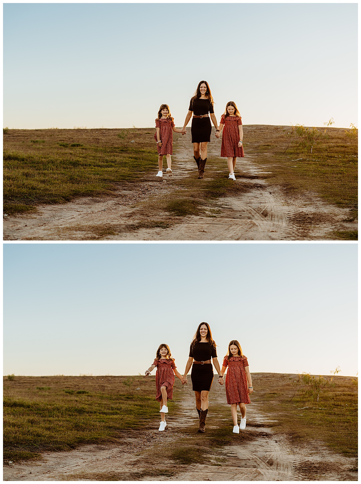 woman walks with two girls in matching dresses by Austin portrait photographer