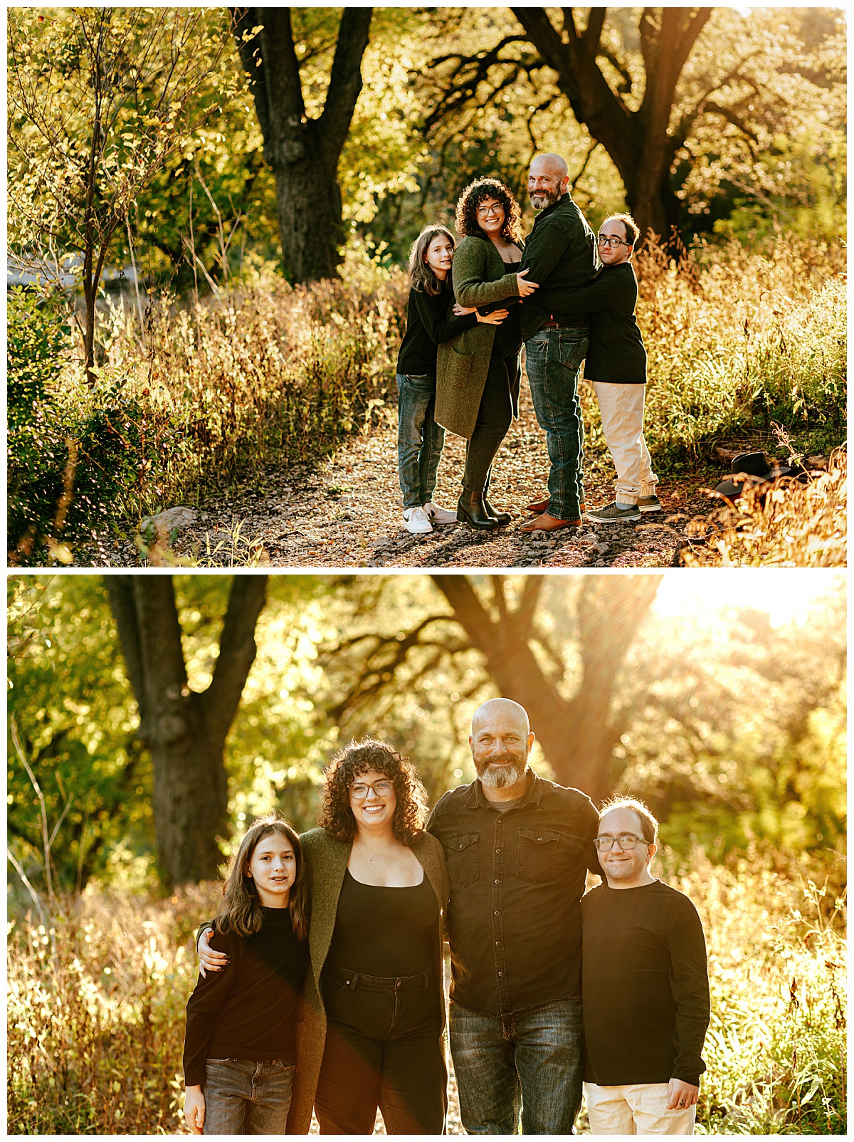 parents and kids hug each other on wooded path for Austin portrait photographer