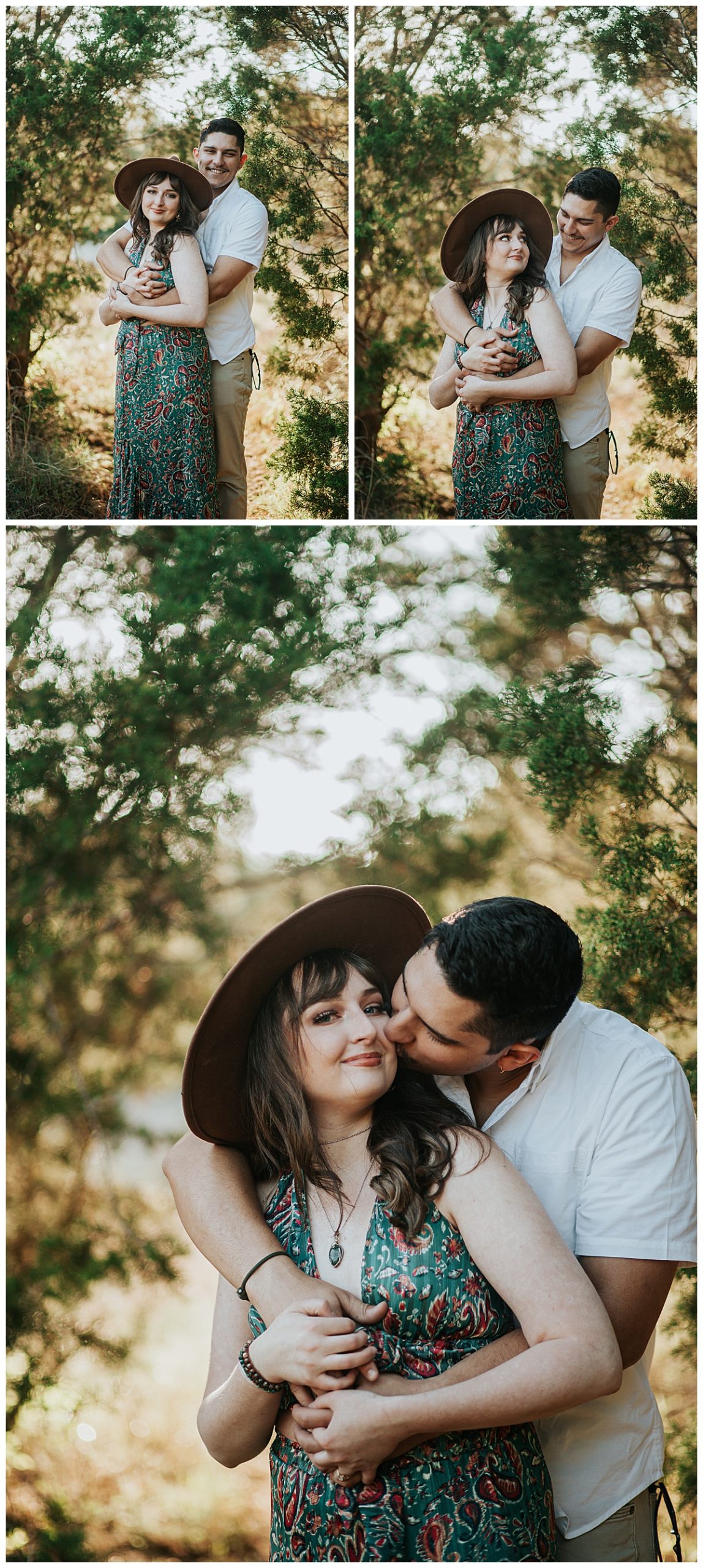 man hugs woman from behind near trees by Austin wedding photographer
