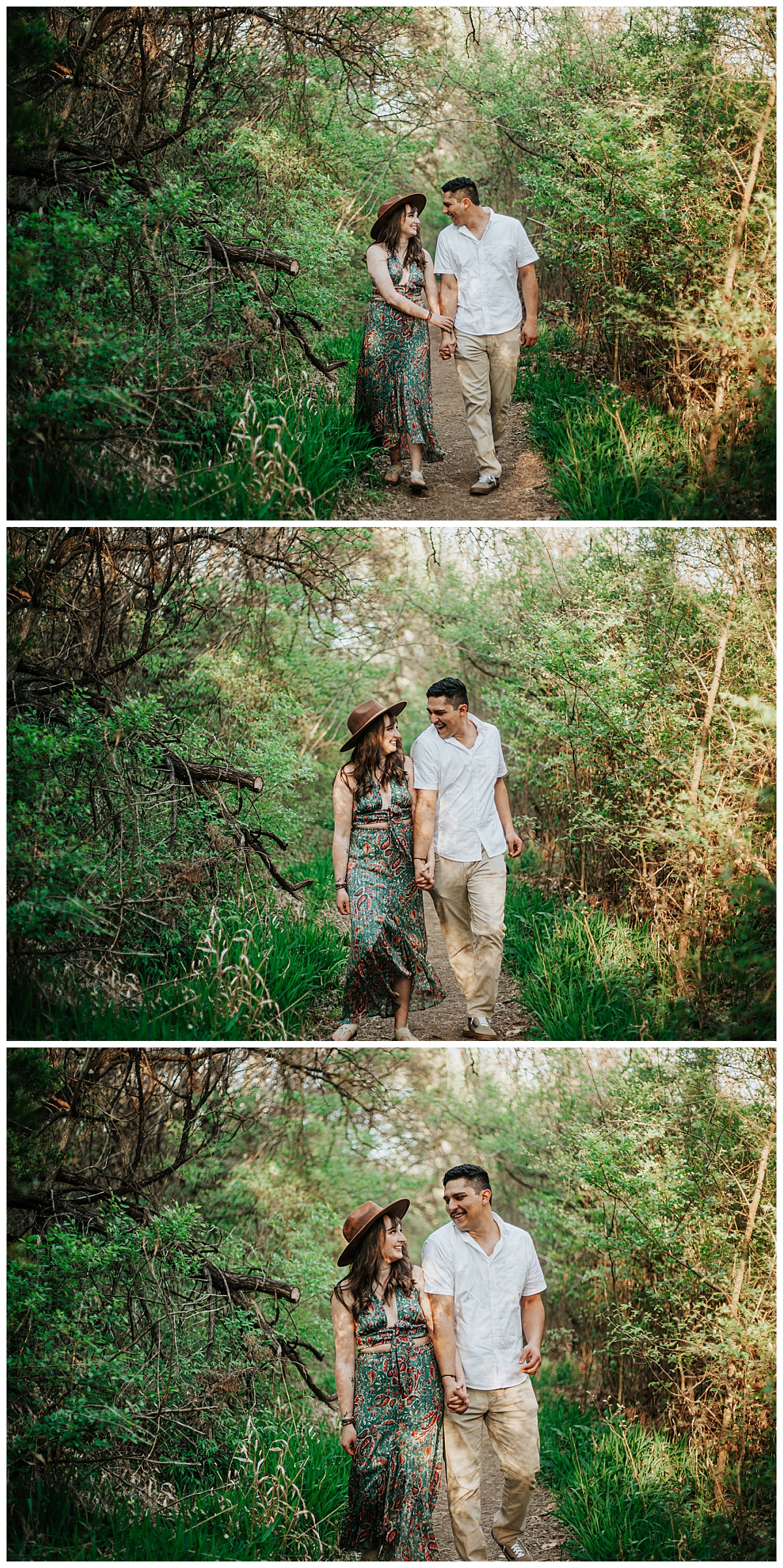 fiances laugh together holding hands on trail by Austin wedding photographer