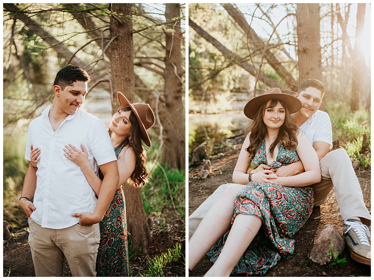 couple hugs each other from behind on trail during park engagement session