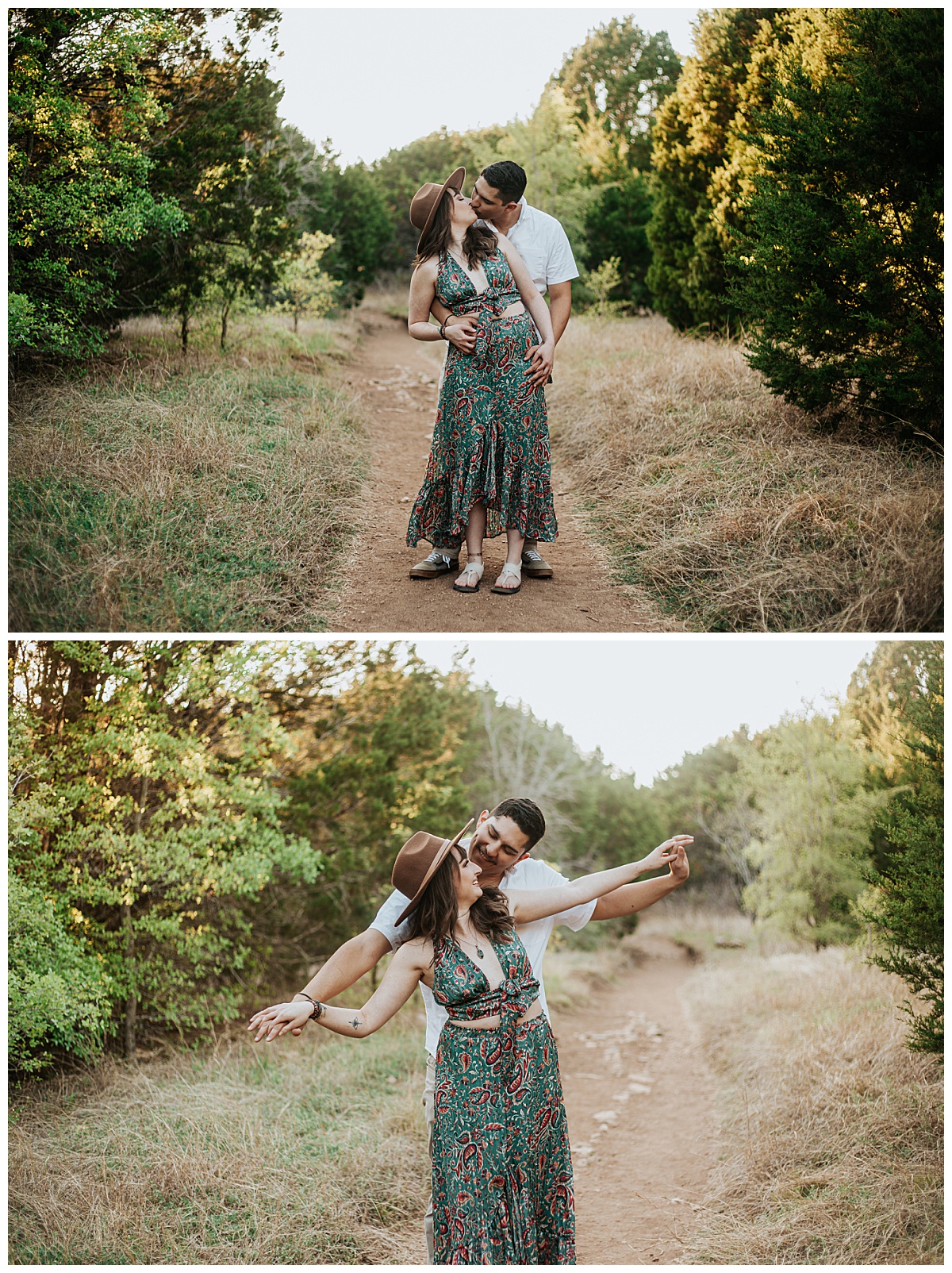 couple kisses on trail by Austin wedding photographer