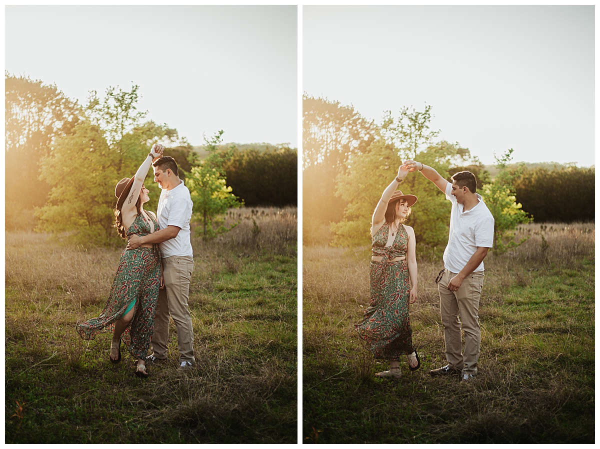 fiances dance together in field by Ellie Chavez Photography